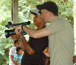 CICADA Associate Director Steven Schnoor teaching camera operation to member of INSTEAD partner organization. Playita, Urracá, Panama, April 2015