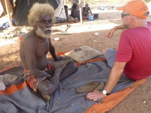Jon Altman (right), founding director of the Centre for Aboriginal Economic Policy Research at Australian National University, chats with his long-term research partner international renown artist John Mawurndjul (left). (Source: Chris Gregory, 2015).